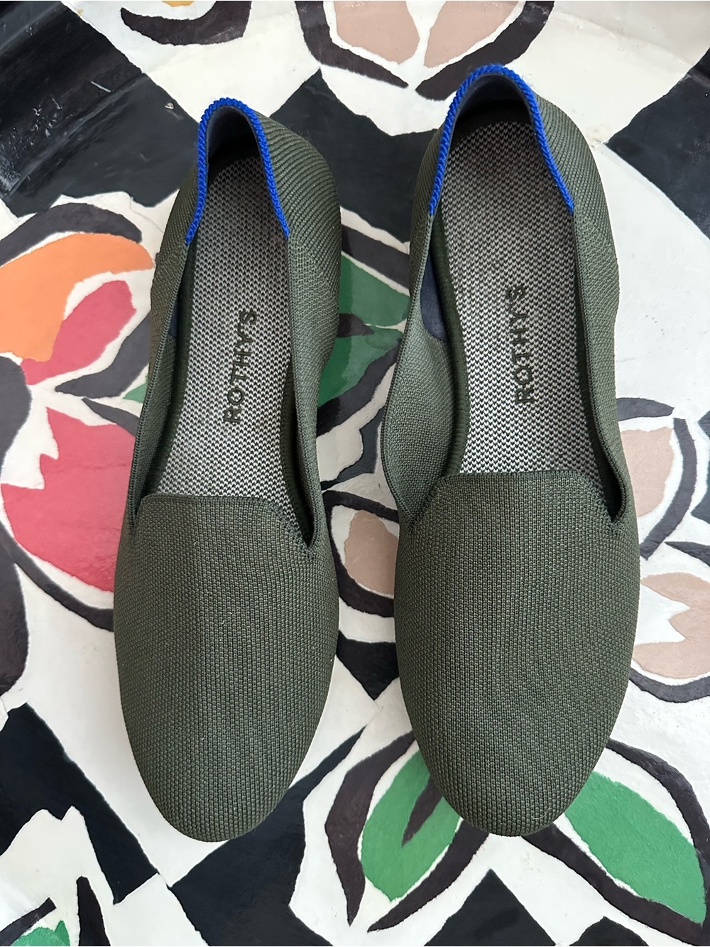 Rothy's Olive Green Loafers with Blue Trim size 10.5